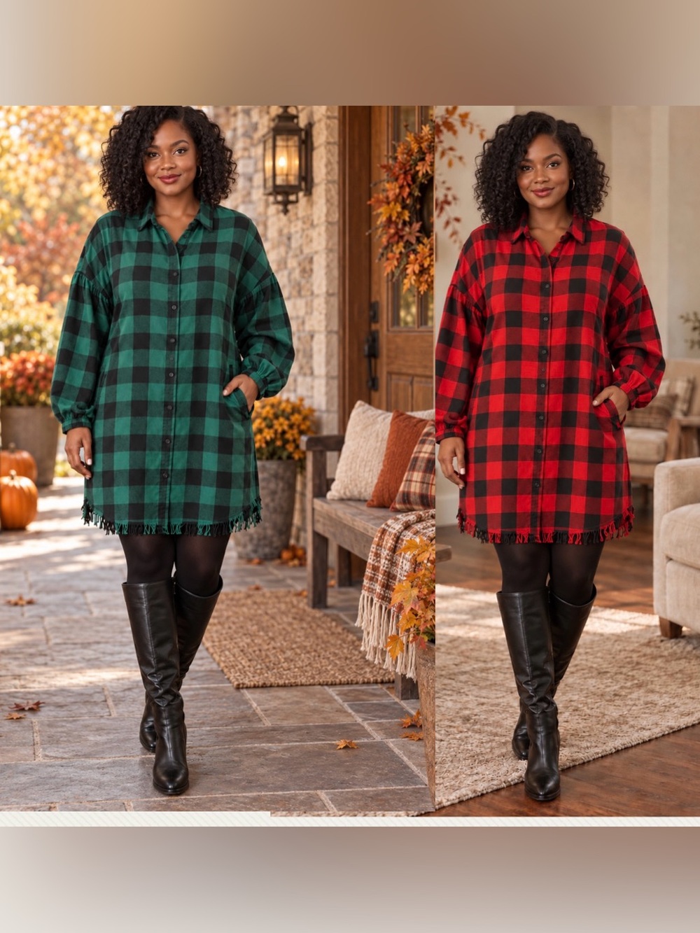 Risen Jeans Starla Oversized Buffalo Plaid Shirt Dress Red plaid & Green Plaid